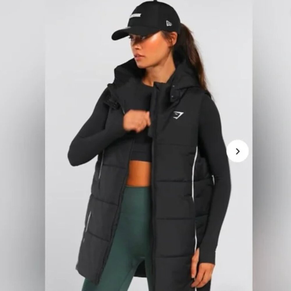 Gymshark Women's Longline Vest Puff Gilet Vest Oversized Long line Black Large